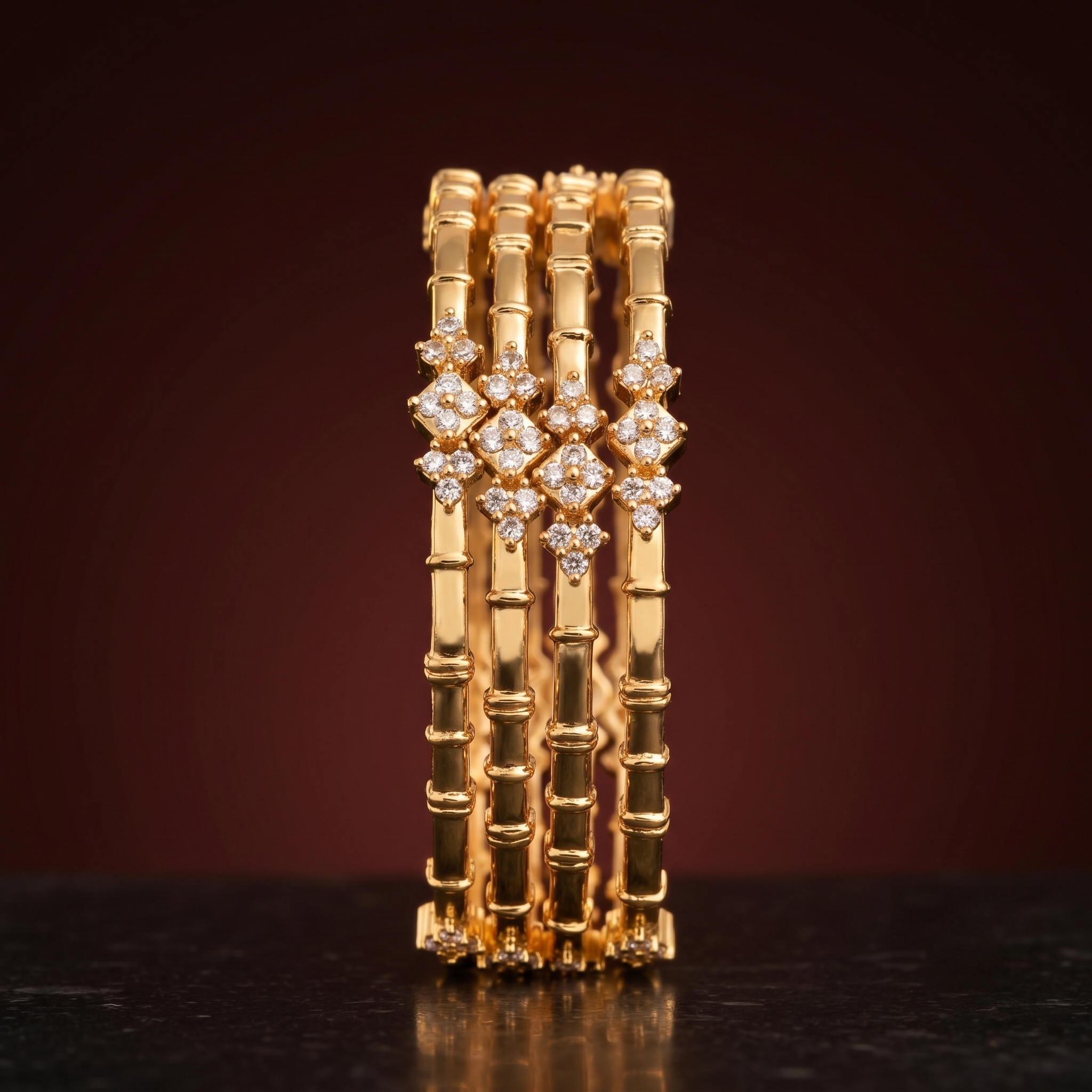 Bamboo Inspired Gold Plated AD Bangle (Set of 4) close-up view - Avalna